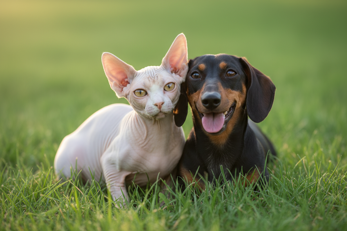 Gato sphynx y perro salchicha en primer plano con fondo de césped